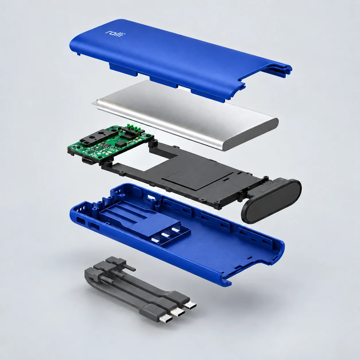 Vue éclatée 3D de principe : coque, composants et câbles de la batterie RALLI
