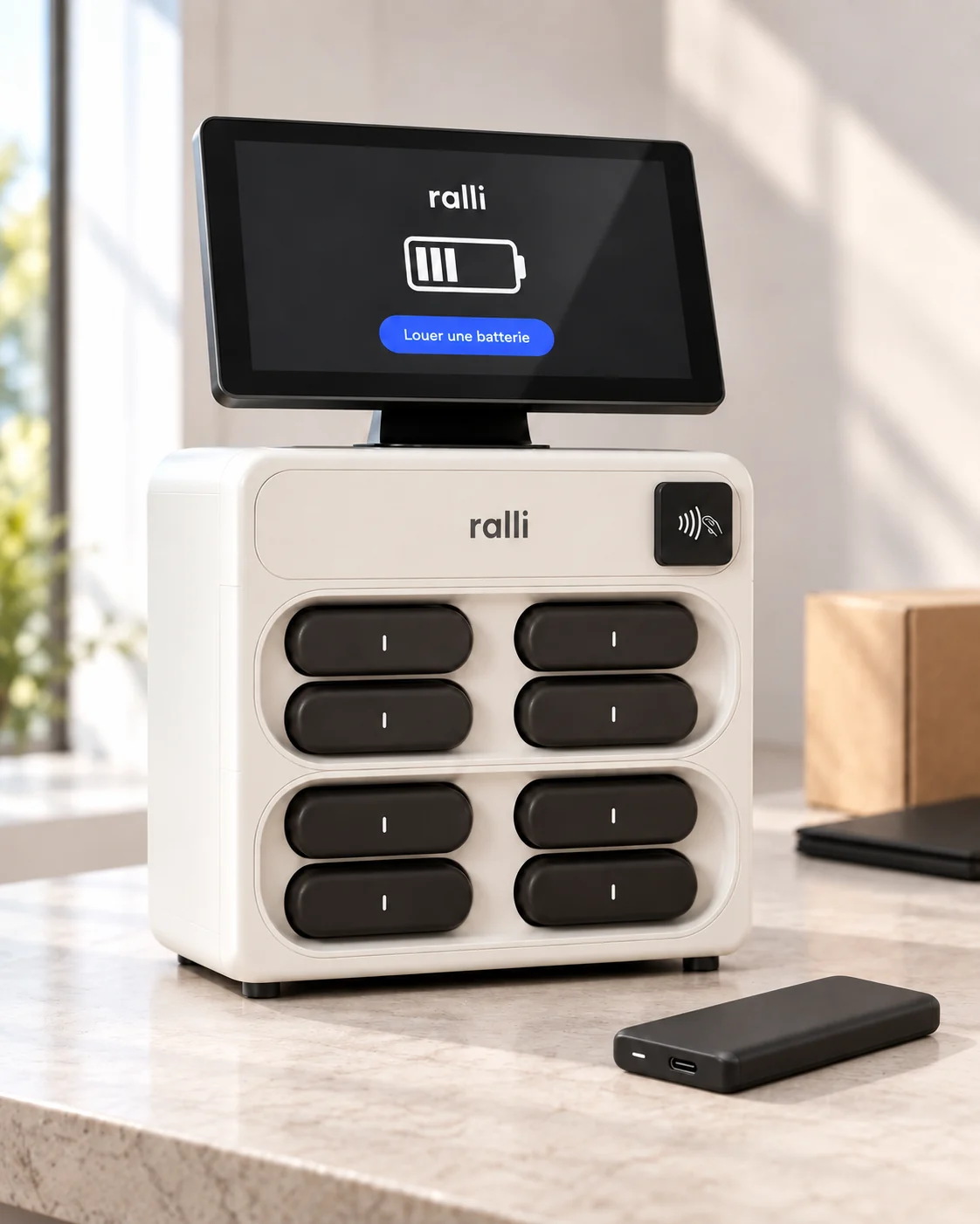 Compact 8 RALLI blanche, batteries anthracite et lecteur sans contact, dans un espace de présentation