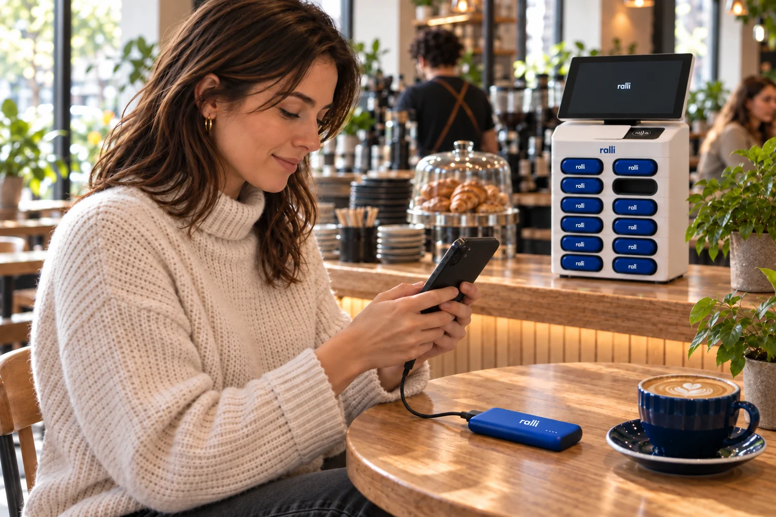 Une cliente recharge son téléphone à sa table avec une batterie portative reliée par câble